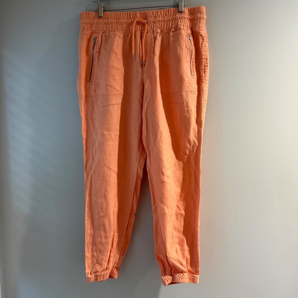 Athleta Cabo Linen Jogger Womens 12 Orange Excellent Smocked Waist Zip Pockets
